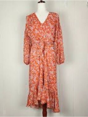 London Times Orange Floral V-Neck Tie-Waist Midi Dress